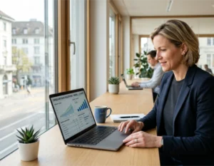 Frau sitzt in einem Coworking Space vor dem Laptop, welcher Ihre SEO Statistiken ihrer Webseite aufzeigt